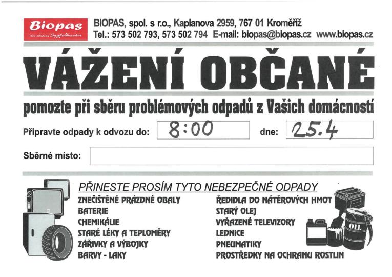 Svoz nebezpečného odpadu 25.4.2026